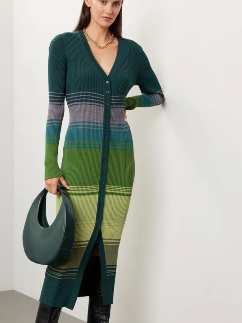 STAUD Long‑Sleeve Button‑Front Ribbed Dress in Teal and Green Gradient